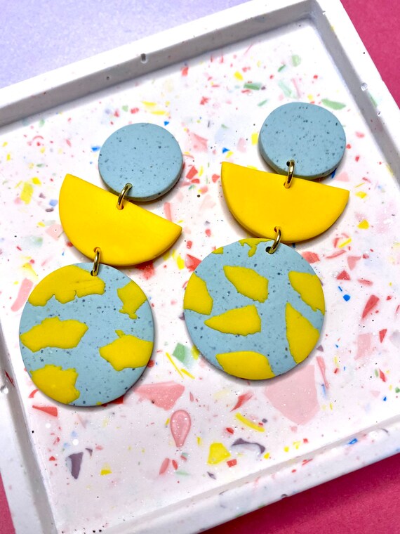 Yellow and grey stone terrazo large dangle earrings, statement earrings, handmade clay earrings