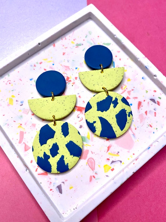 Teal and lime terrazo large dangle earrings, statement earrings, handmade clay earrings