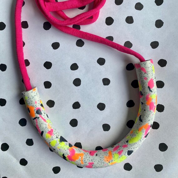 Polymer clay necklace, large tube necklace, bright neon bead necklace