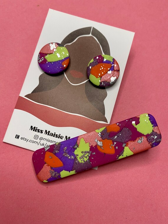 Matching earring and barrette hair clip set, earrings, hair clip, handmade accessories, polymer clay