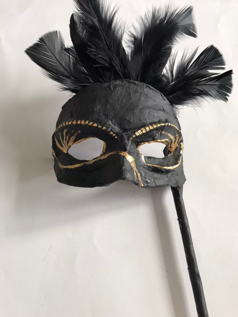 Egyptian Style Masquerade Mask with Feathers and Handle ~ baroque 