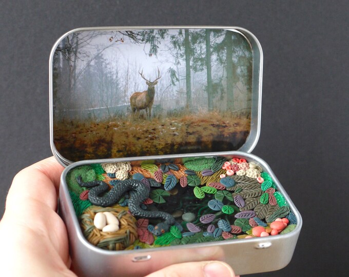 Forest Diorama Tin Box Diorama, Mini Pond, Repurposed, Miniature Scene