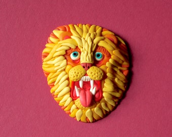 Lion Brooch - Large Polymer Clay Brooch, Pin Badge, Lion Face, Eccentric Jewelry, Handmade, Leo