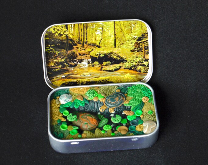 Turtle Pond Diorama Tin Box Diorama, Mini Pond, Repurposed, Miniature