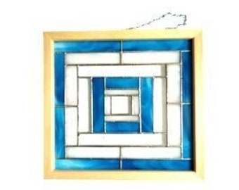 Stained Glass Window Hanging, Blue and White Glass, Stained Glass Panel, Wall Decor, Suncatcher, H 13" x W 13", Unique Handmade Gift
