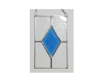 Small Stained Glass, Window Hanging, Clear Glass, Blue Bevel, Gift Idea, Birthday, Gift for Friend, Gift for any occasion