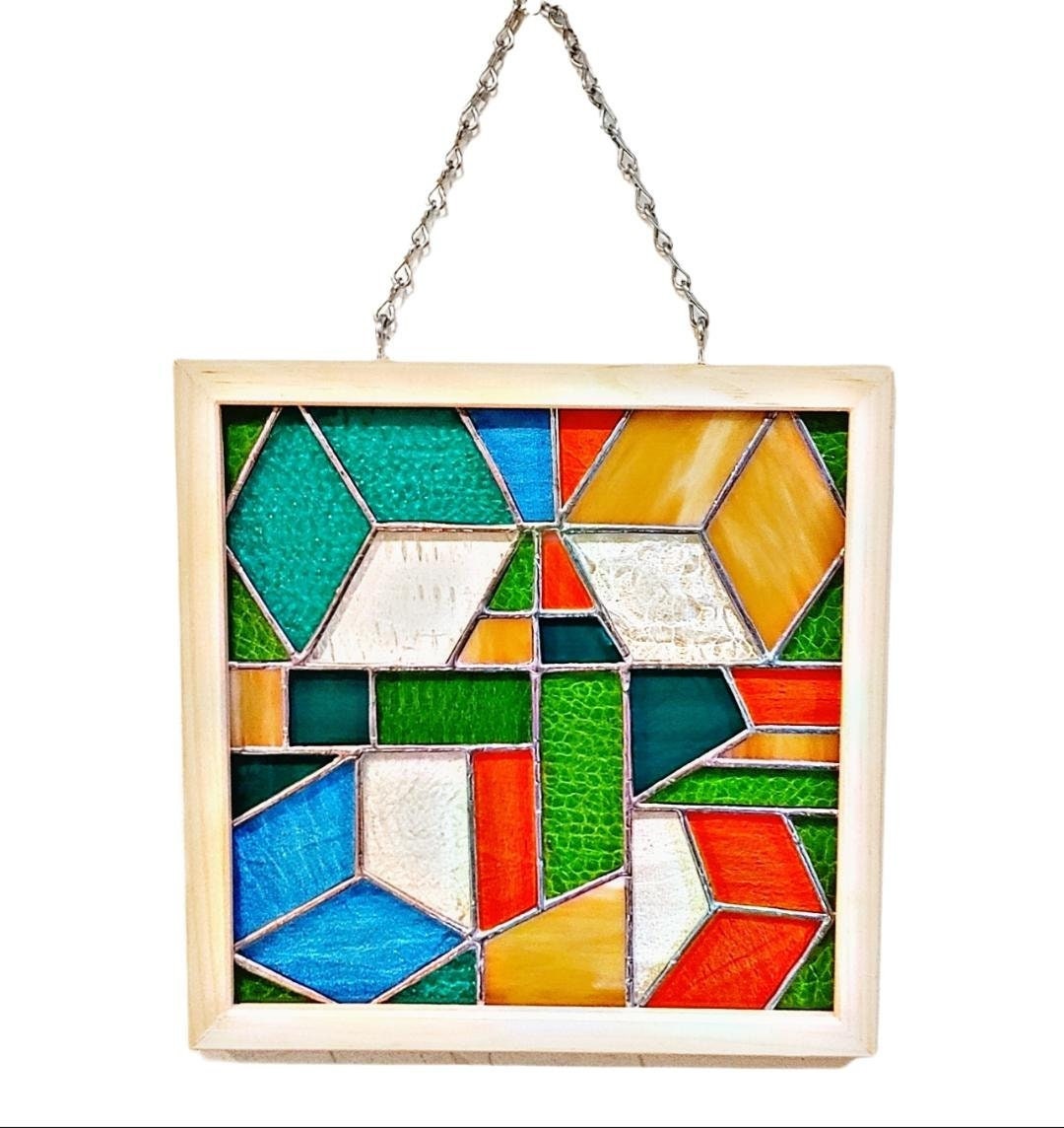 Stained Glass Window Hanging, Multiple Glass Colors and Shapes, Stained Glass Panel, Wall