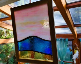 Small Stained Glass Window Hanging, Beach Blue Ocean Water Pink Sky, Wall Decor, Framed Glass Art, Suncatcher, Gift Idea