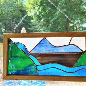 Stained Glass Abstract Art, Stained Glass Window, Waterfall, Green Hills , Stained Glass Window Hanging, Suncatcher, Wall Decor, Gift Idea