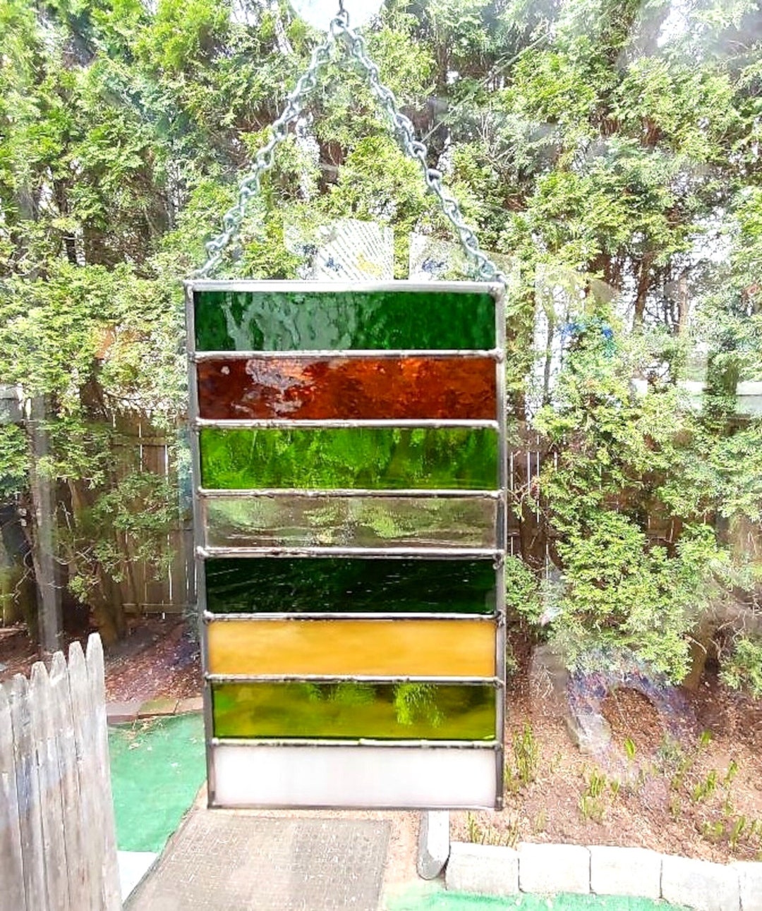 Small Stained Glass Window Multiple Colored Glass Green Gold Etsy