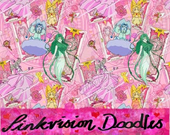 May include: Pink patterned fabric featuring anime-style illustrations of characters, cards, and decorative elements. The design includes figures in pink dresses, green-haired characters, and the text "SAKURA". The fabric has the text "Linkvision Doodles" across the bottom.
