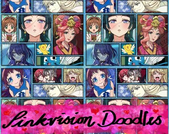 May include: A repeating pattern of anime-style character portraits in a grid. The characters have various hair colors and expressions. The text "linkvision Doodles" is written across the bottom in a pink banner with hearts.