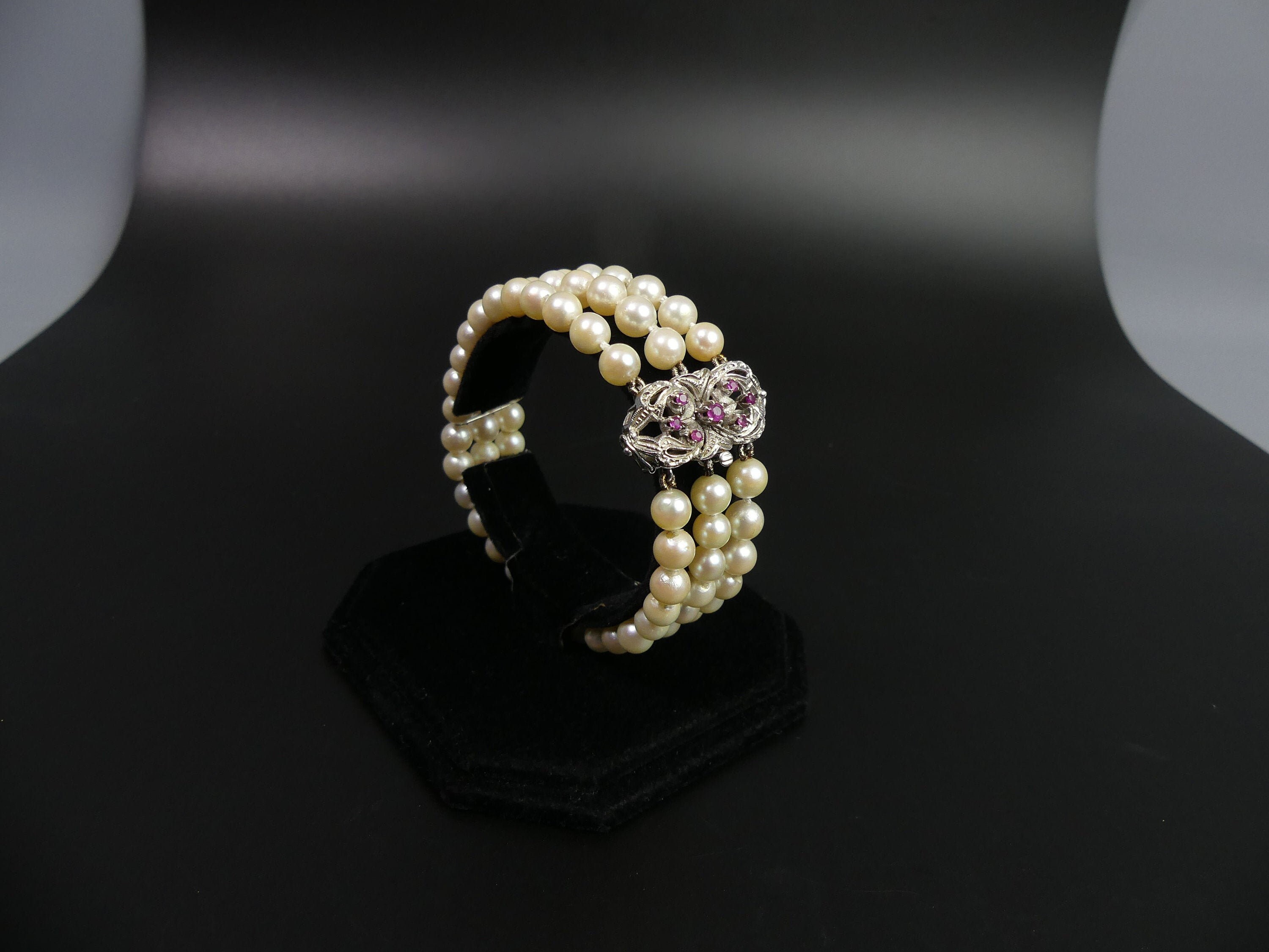 VINTAGE CULTURED PEARL 3 Strand Bracelet 18 Ct White Gold & Etsy