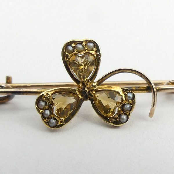 EDWARDIAN 9CT GOLD Citrine & Seed Pearl Clover Leaf Design Brooch C.1910- 1.7 G