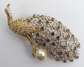 NOLAN MILLER GOLD & Silver Tone Crystal  Faux Pearl Peacock Brooch