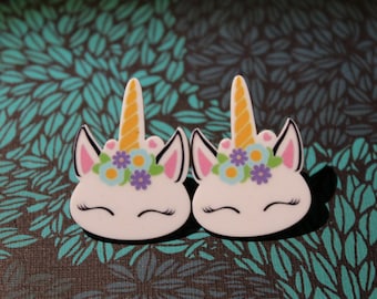 Einhorn Ohrringe mit Blüten - Stecker bunt flach niedlich - Schmuck für magische Mädchen