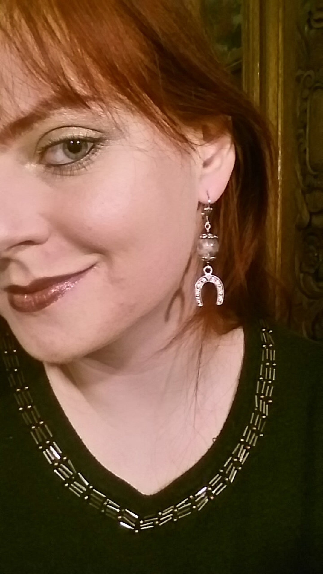 Horseshoe Earrings Brown Stone Beads With Large Horseshoes Etsy