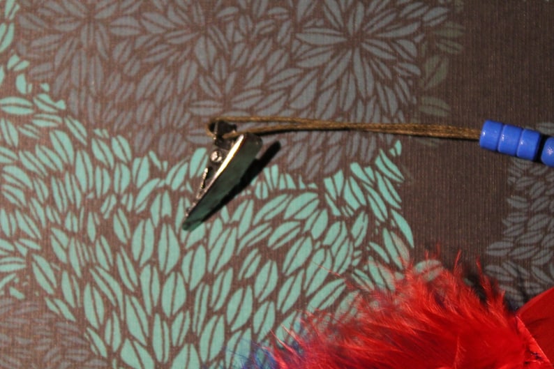 Hair clip fascinator red blue feather glitter cute magic Indian wizard enchants playful charm gift