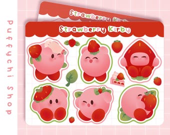 May include: A sheet of stickers featuring a pink cartoon character with strawberry accents. The stickers say "Strawberry Kirby".