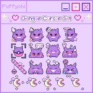 May include: A pixel art Gengar Cursor Set design on a light purple background. The set includes various Gengar-themed cursors, such as Gengar faces, a Pokeball, and crescent moons. The text "Gengar Cursor Set" is displayed above the cursors.