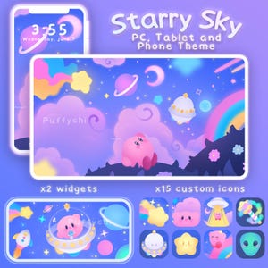 Céu cheio de estrelas - Tema fofo de Kirby para celular - Papel de parede para celular - Widgets para celular - Ícones para celular