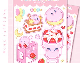 May include: A set of pixel art stickers featuring Kirby characters enjoying various sweets. The stickers include a strawberry shortcake, a milk carton with a strawberry, a strawberry sundae, and a Kirby character holding a strawberry. The stickers are pink and white with red accents.