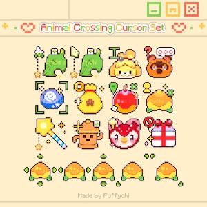 May include: A pixelated Animal Crossing Cursor Set with various icons, including leaves, characters, and gifts. The set features a light beige background with the text "Animal Crossing Cursor Set" and "Made by Puffyochi".