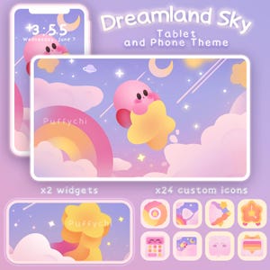 Dreamland Sky - Cute Kirby Phone and Tablet Theme - Phone Wallpaper - Phone Widgets - Phone Icons
