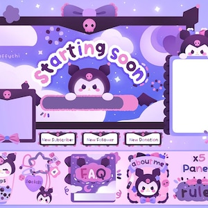 Twitch Stream Overlay and Twitch Panels / Cute Purple Bunny Plush / Black Goth Digital Assets