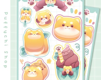 May include: A sheet of stickers featuring adorable cartoon Shiba Inu dogs in various poses. The stickers are on a white background with a light blue border. The stickers are perfect for adding a touch of cuteness to your planner, laptop, or water bottle.