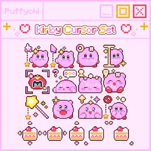 May include: A pink digital art graphic featuring a "Kirby Cursor Set" with various pixelated Kirby characters and icons. The set includes different Kirby poses, a magic wand, and slices of cake, all set against a pink background.
