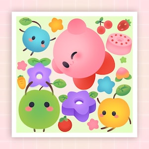Puede incluir: Un personaje de dibujos animados rosa con un ojo guiñando rodeado de flores coloridas, frutas y otros personajes de dibujos animados sobre un fondo verde.