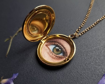 Vergulde vintage foto medaillon/aquarel custom Lover's Eye/Vintage Lover's Eye-hanger/ Lover's Eye schilderij/aquarel