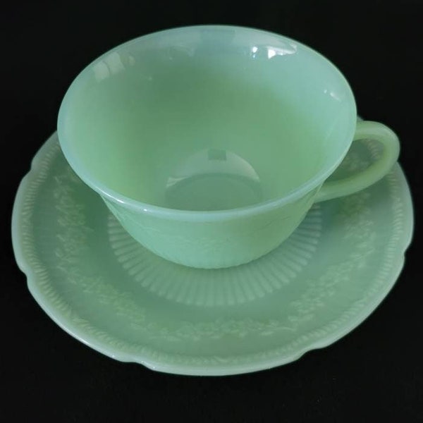 Fire King Jadeite Alice Ray Teacup & Saucer/ Vintage Kitchen Glass Collectible/ 1940's Jadeite Teacup and Saucer