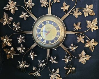 Vintage United Brass Leave Wall Clock/ United Starburst 1950's Wall Clock/ Mid Century Electric Wall Clock