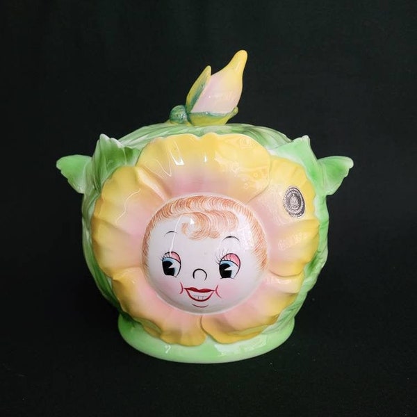 Cabbage Rose Flower Face Cookie Jar/ 1950's Cookie Jar Collectible/ Vintage PY Cabbage Rose  Cookie Jar