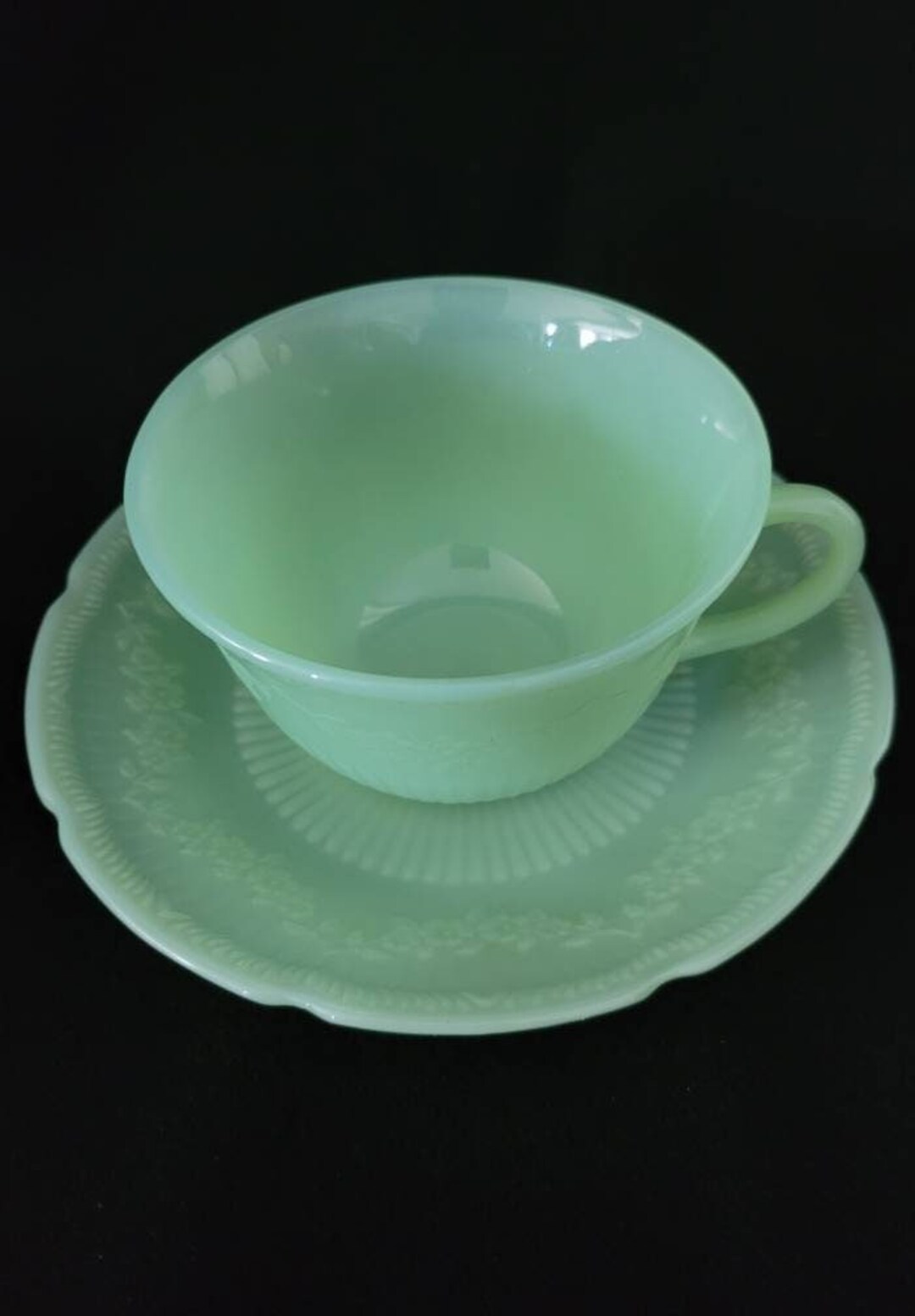 Fire King Jadeite Alice Ray Teacup & Saucer/ Vintage Kitchen Glass
