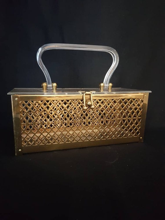 1950's Lucite & Metalwork Box Purse/ Brass Filigre