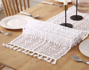 Styled World White Macrame Table Runner | Bohemian Crochet Runner with Tassels | Rustic Woven Lace Runner for Wedding Bridal Party