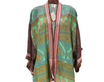 Recycled Silky Sari Kimono - Upcycled Saree Kimono Robe - Silky Saree Beach Kaftan - Boho Beach Cover Up- Artisan Made - Ethical Fair Trade