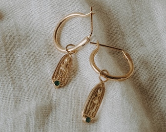 Drop hoops with Buddha symbolism / Small gold charm hoops w/ Buddha motif- Fair trade, ethical- Dainty earring - Gift - 22ct gold plated