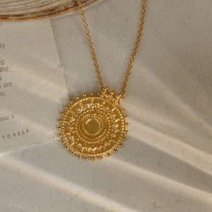 Long gold vermeil mandala pendant - Large boho coin necklace - Golden sun medallion - Long layering necklace - Fair Trade ethical