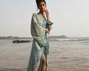 Upcycled Saree Kimono - Recycled Silky Sari Kimono Robe- Maxi Kaftan - Boho Beach Cover Up - Soft Pastel Floral Kimono Gown - Artisan