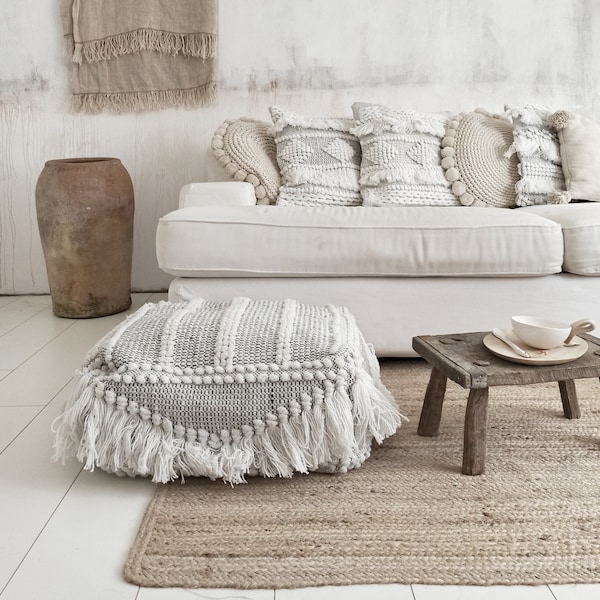 White boho tassel floor pouf cover - Handcrafted fringed floor cushion - Moroccan - Scandi boho floor pouf - Sustainable eco - Recycled