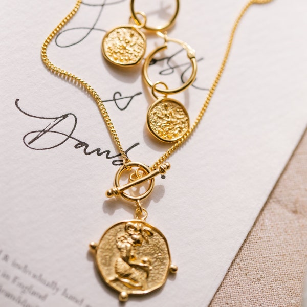 Gold Vermeil Ixchel Goddess Coin Pendant - Toggle Coin Pendant - Boho Goddess Coin Necklace - Artisan Crafted Fair Trade Ethical Recycled