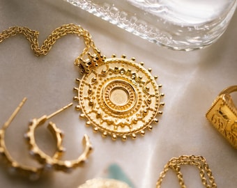 Gold vermeil sun medallion coin necklace - Boho mandala coin pendant - Long layering necklace - Large antique coin- Fairtrade ethically made