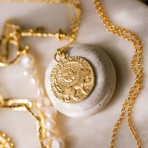 Gold Vermeil Sun Lion Coin Pendant - Antique Inspired Coin Necklace - Babylonian Coin Necklace - Ethical Fair Trade Artisan Crafted