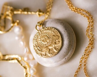 Gold Vermeil Sun Lion Coin Pendant - Antique Inspired Coin Necklace - Babylonian Coin Necklace - Ethical Fair Trade Artisan Crafted