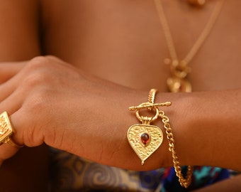 Heart Toggle Bracelet - Gold Vermeil Heart T Bar Bracelet - Heart with Red Stone Bracelet - Chunky Heart Bracelet - Ethical Eco Artisan