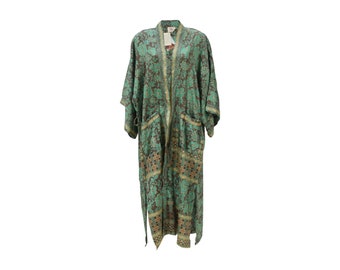 Recycled Saree Kimono - Upcycled Sari Silky Kimono - Boho Beach Cover Up - Maxi Kimono - Brown Green Floral Vintage Kimono Robe - Artisan